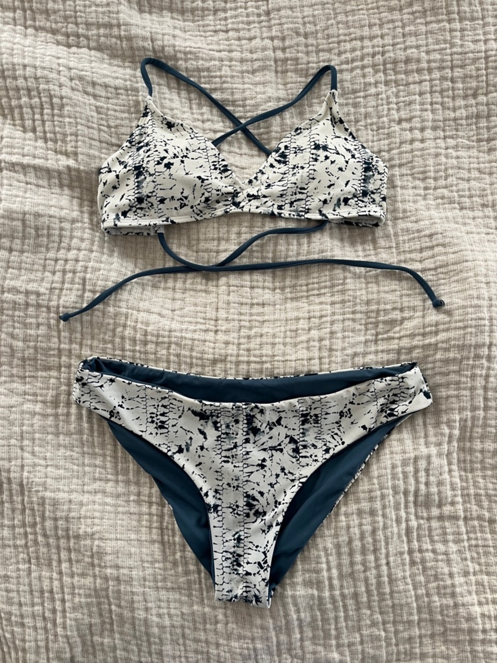 Carve Designs Blue and White Bikini with Cross-back and Reversible Bottoms